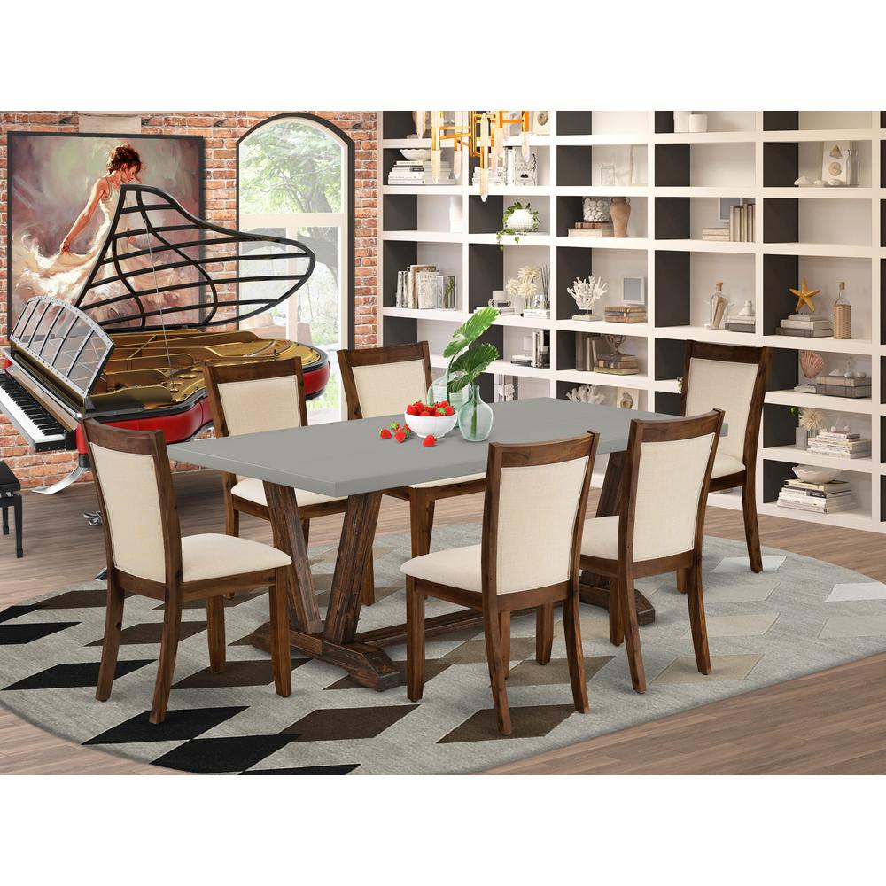 East West Furniture 7-Piece Mid Century Modern Dining Set Includes a Rectangular Table and 6 Light Beige Linen Fabric Dining Chairs with Stylish Back - Distressed Jacobean Finish