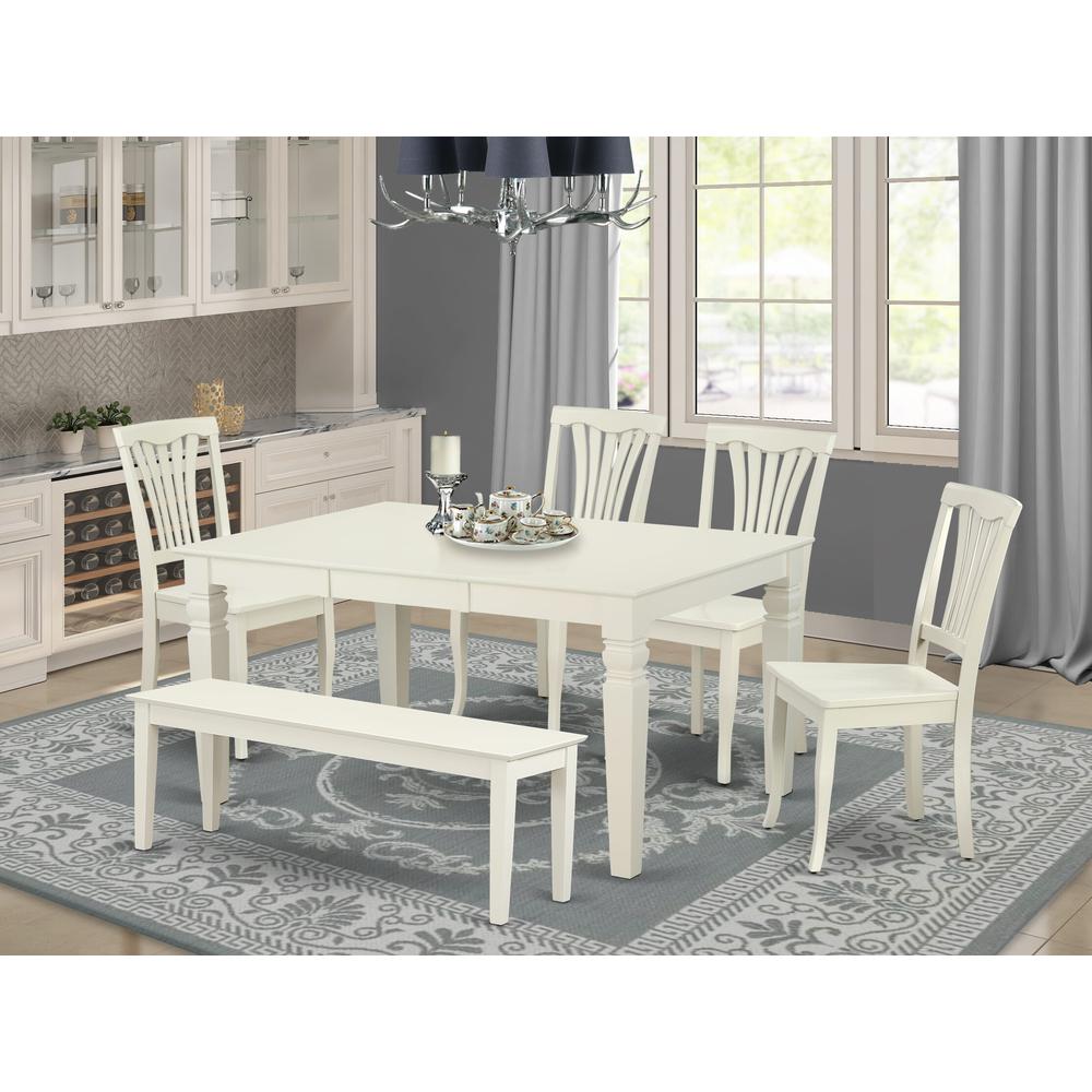 East West Furniture – 6-Pieces Kitchen Table Set - 1 Modern Rectangular Table and 4 wooden Dining Room Chairs with One Dining Bench – Linen White Finish