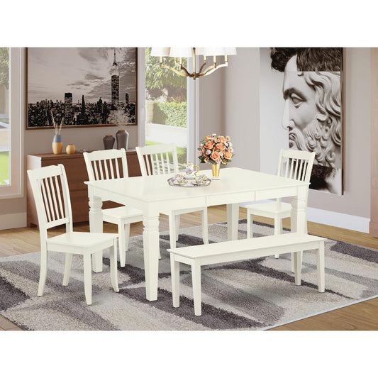 East West Furniture WEAV6-LWH-W – 6-Pieces Kitchen Table Set - 1 Modern Rectangular Table and 4 wooden Dining Room Chairs with One Dining Bench – Linen White Finish