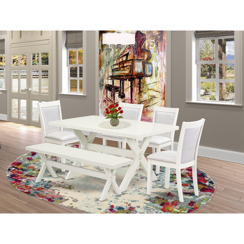 X026MZ001-6 6-Pc Dining Table Set Contains a Dinner Table - 4 Cream Dining Chairs and a Bench - Wire Brushed Linen White Finish