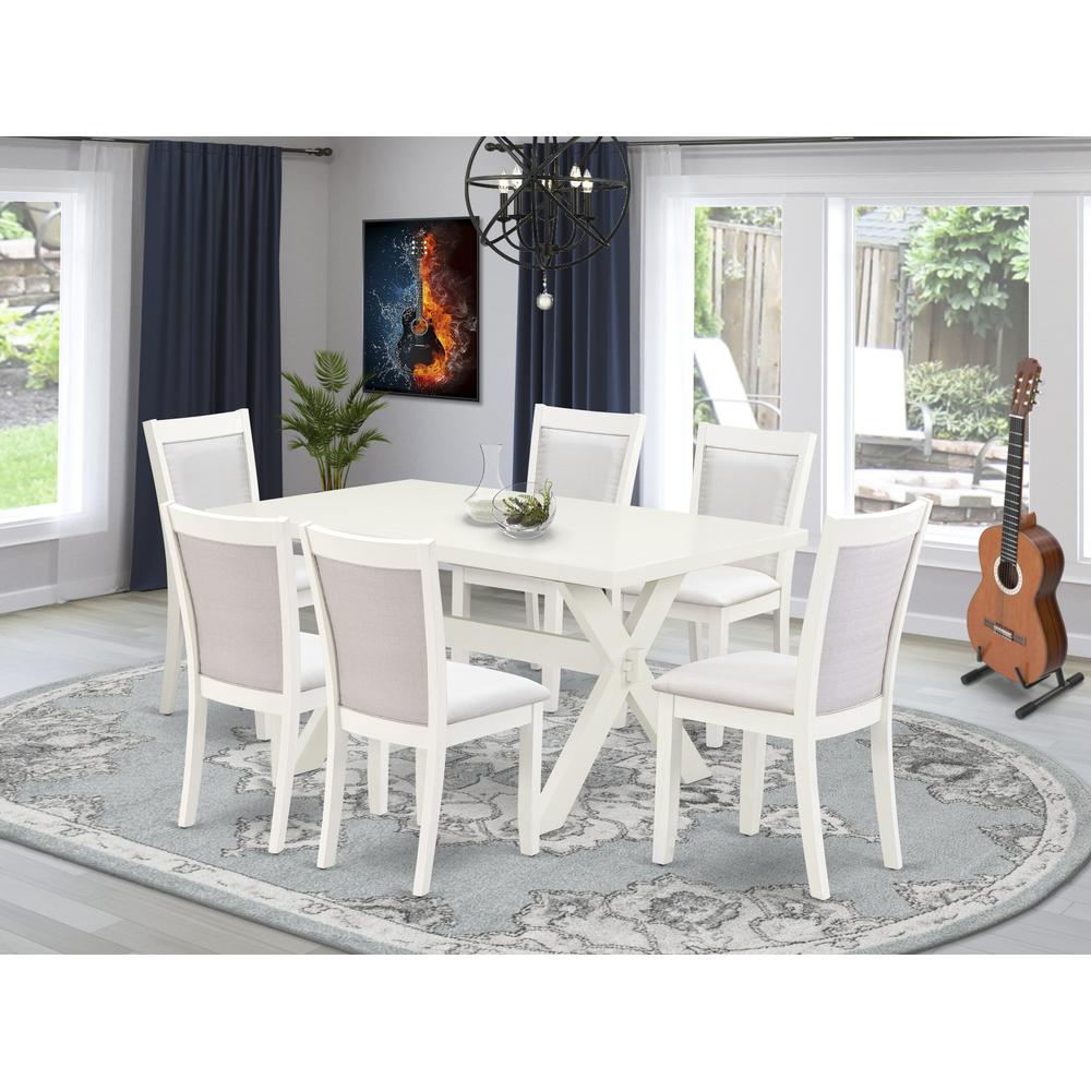 X026MZ001-7 7-Piece Dining Set Contains a Dining Table and 6 Cream Upholstered Dining Chairs - Wire Brushed Linen White Finish