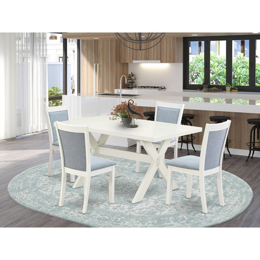 X026MZ015-5 5-Piece Dining Room Table Set Contains a Dining Table and 4 Baby Blue Padded Chairs - Wire Brushed Linen White Finish