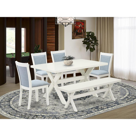 X026MZ015-6 6-Pc Dining Set Contains a Wood Table - 4 Baby Blue Dining Chairs and a Small Bench - Wire Brushed Linen White Finish