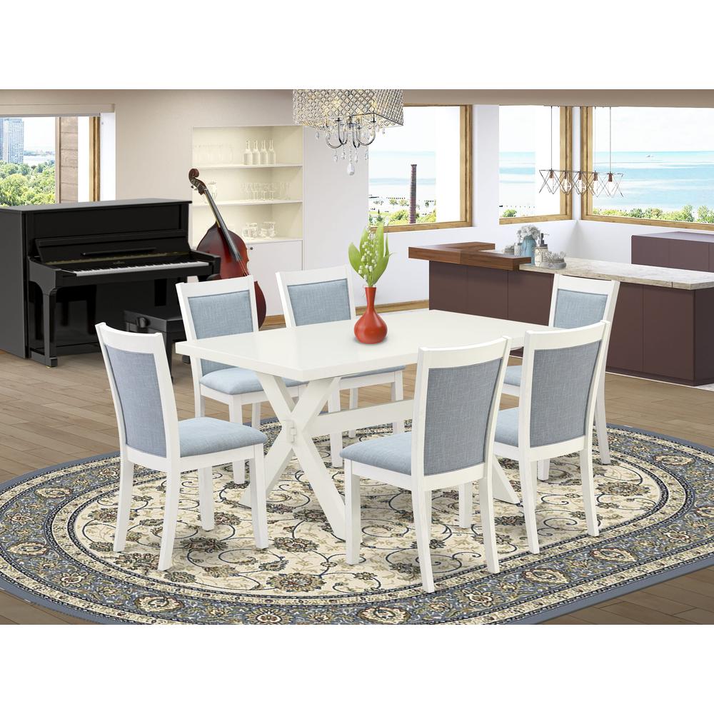 X026MZ015-7 7-Piece Dining Table Set Contains a Wooden Table and 6 Baby Blue Dining Room Chairs - Wire Brushed Linen White Finish