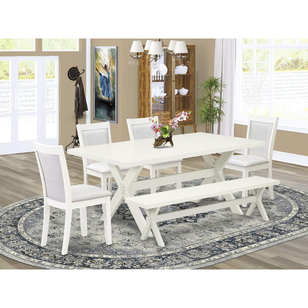 X027MZ001-6 6-Piece Dining Set Includes a Dining Table - 4 Cream Dining Chairs and a Wood Bench - Wire Brushed Linen White Finish