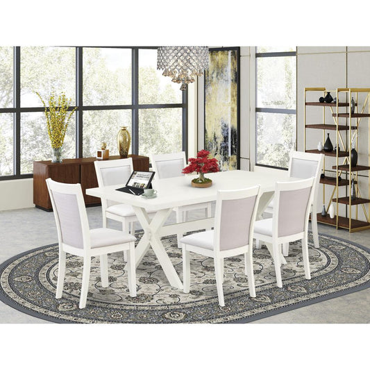 X027MZ001-7 7-Pc Kitchen Table Set Includes a Wood Dining Table and 6 Cream Parson Chairs - Wire Brushed Linen White Finish