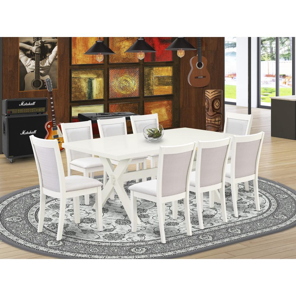 X027MZ001-9 9-Pc Dining Room Set Includes a Dining Table and 8 Cream Upholstered Dining Chairs - Wire Brushed Linen White Finish