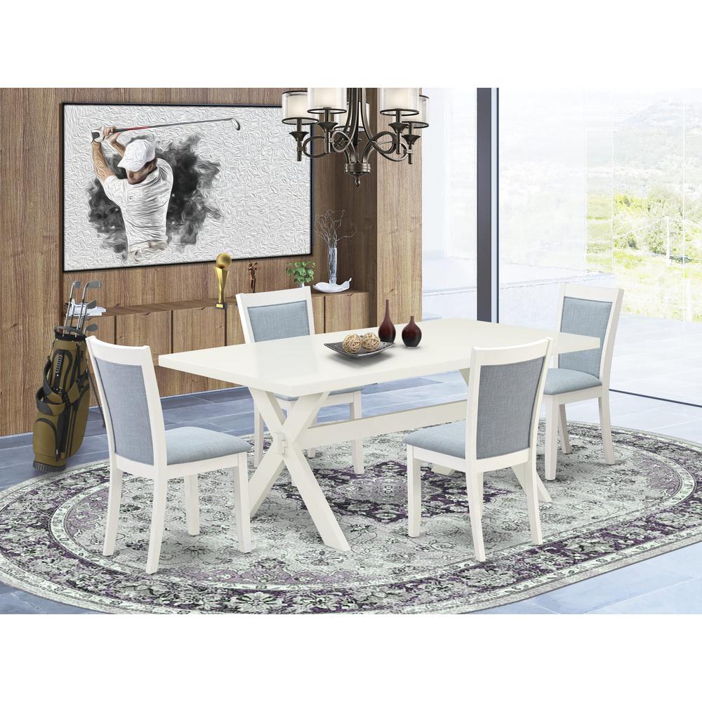 X027MZ015-5 5-Pc Dinette Set Includes a Dining Room Table and 4 Baby Blue Parson Dining Chairs - Wire Brushed Linen White Finish