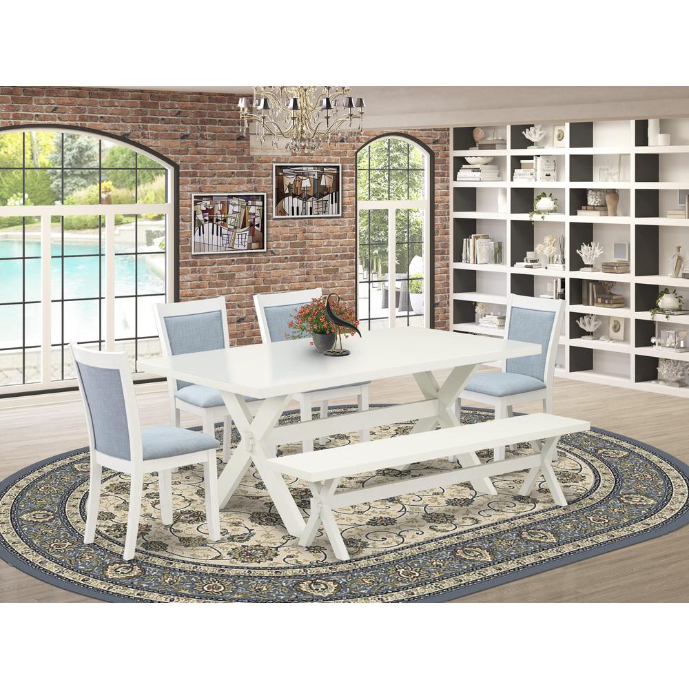 X027MZ015-6 6-Piece Table Set Includes a Dining Table - 4 Baby Blue Parson Chairs and a Bench - Wire Brushed Linen White Finish