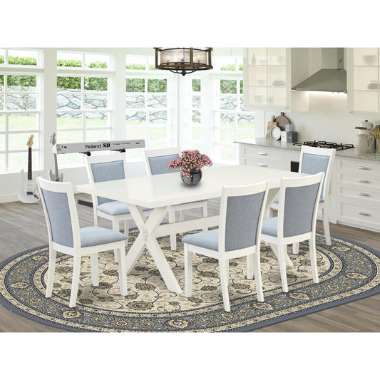 X027MZ015-7 7-Pc Dining Set Includes a Wooden Dining Table and 6 Baby Blue Dining Room Chairs - Wire Brushed Linen White Finish