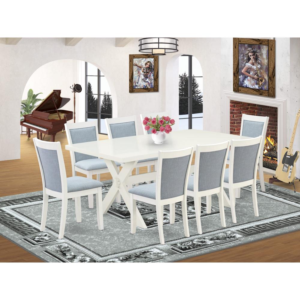 X027MZ015-9 9-Pc Modern Dining Table Set Includes a Dining Table and 8 Baby Blue Dining Chairs - Wire Brushed Linen White Finish