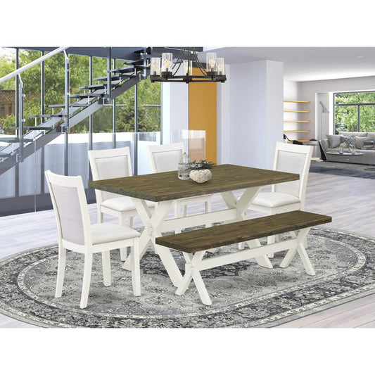 X076MZ001-6 6-Pc Table Set Consists of a Dining Table - 4 Cream Parson Chairs and a Wood Bench - Wire Brushed Linen White Finish