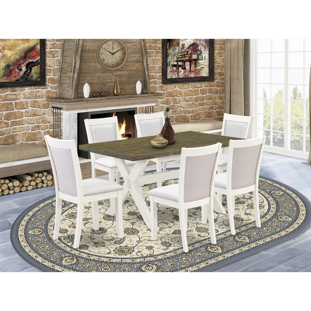 X076MZ001-7 7-Piece Modern Dining Table Set Consists of a Wooden Table and 6 Cream Dining Chairs - Wire Brushed Linen White Finish