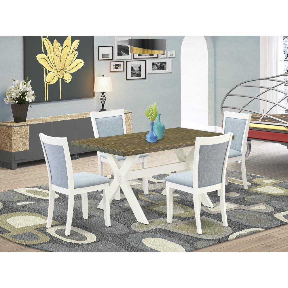 X076MZ015-5 5-Piece Dining Table Set Consists of a Wood Table and 4 Baby Blue Parson Chairs - Wire Brushed Linen White Finish