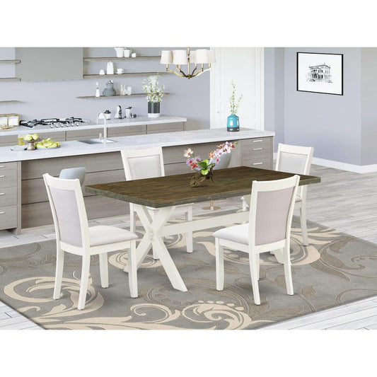 East West Furniture 5-Pc Kitchen Table Set Contains a Dining Table and 4 Cream Linen Fabric Dinning Chairs with Stylish Back - Wire Brushed Linen White Finish