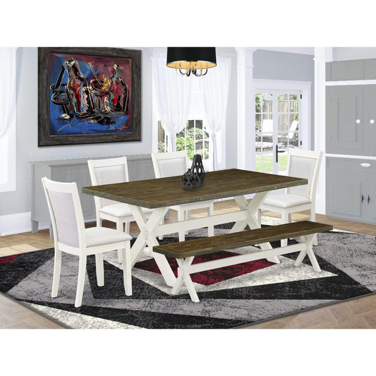 East West Furniture 6-Pc Kitchen Table Set Contains a Dining Table - 4 Cream Linen Fabric Dining Chairs with Stylish Back and a Small Bench - Wire Brushed Linen White Finish