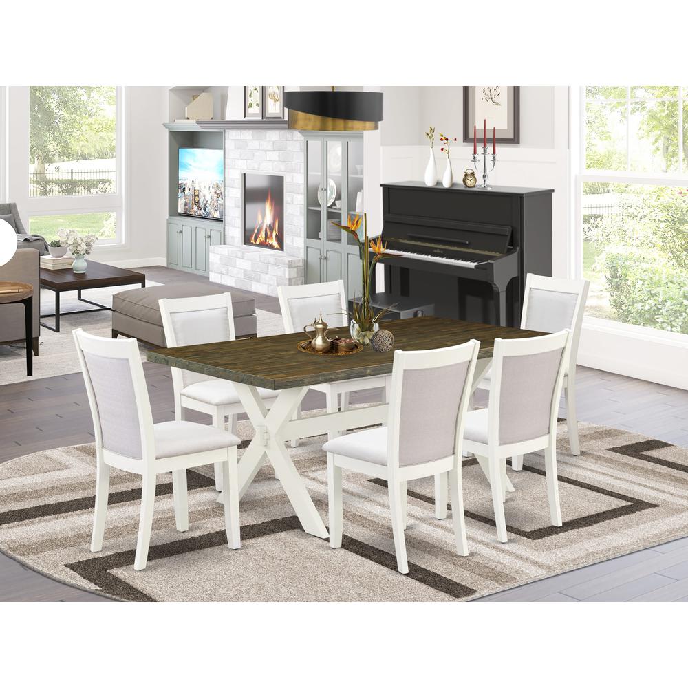 East West Furniture 7-Pc Dining Room Set Contains a Kitchen Table and 6 Cream Linen Fabric Parson Chairs with Stylish Back - Wire Brushed Linen White Finish