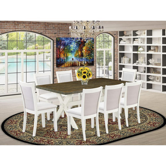 East West Furniture 9-Pc Modern Dining Set Contains a Dining Room Table and 8 Cream Linen Fabric Dinner Chairs with Stylish Back - Wire Brushed Linen White Finish