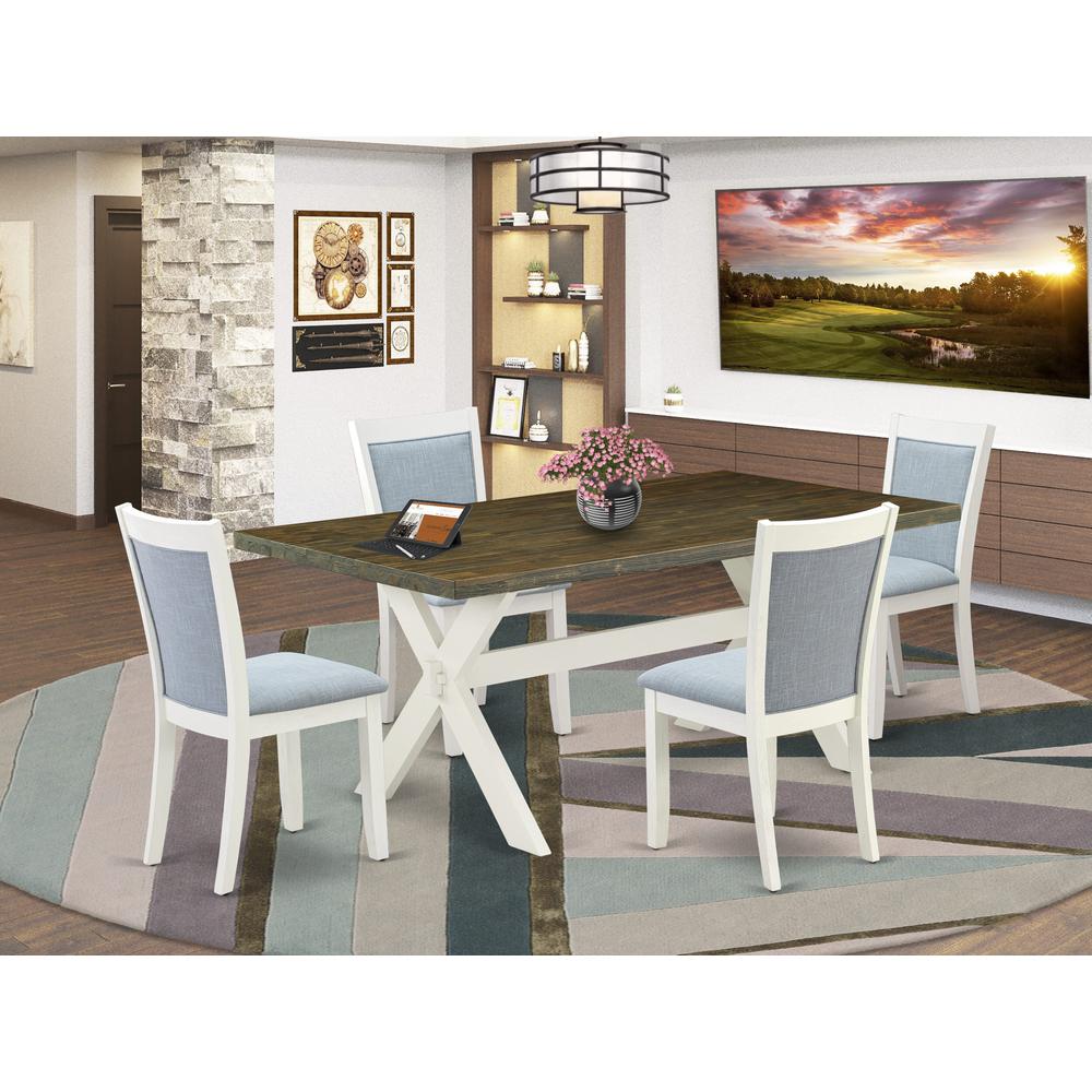 East West Furniture 5-Pc Dining Set Contains a Dining Table and 4 Baby Blue Linen Fabric Parson Chairs with Stylish Back - Wire Brushed Linen White Finish