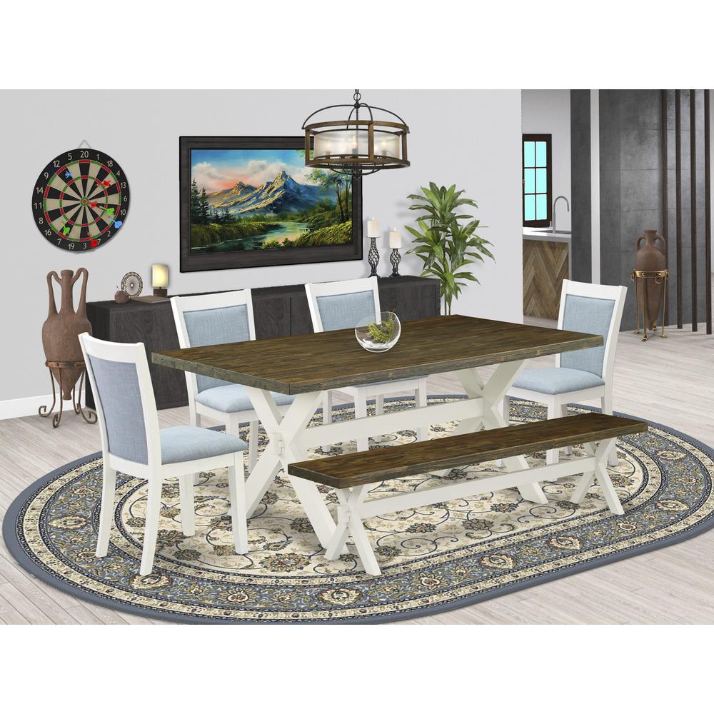 East West Furniture 6-Pc Dining Set Contains a Dining Room Table - 4 Baby Blue Linen Fabric Dining Chairs with Stylish Back and a Small Dining Bench - Wire Brushed Linen White Finish