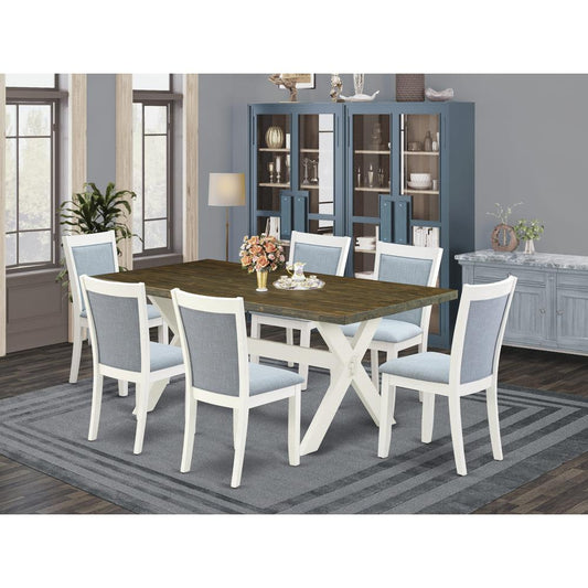 East West Furniture 7-Pc Modern Dining Table Set Contains a Mid Century Dining Table and 6 Baby Blue Linen Fabric Parson Chairs with Stylish Back - Wire Brushed Linen White Finish