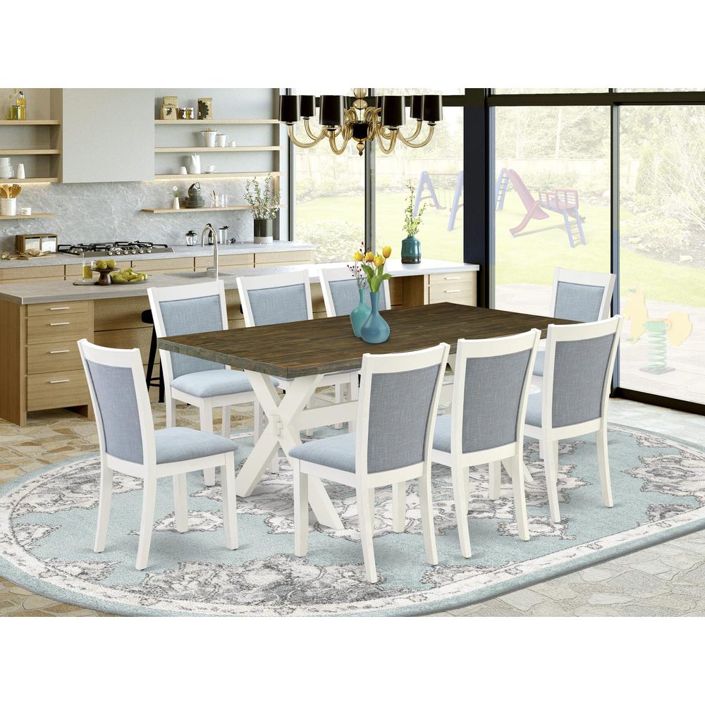 East West Furniture 9-Pc Table Set Contains a Wooden Table and 8 Baby Blue Linen Fabric Dining Room Chairs with Stylish Back - Wire Brushed Linen White Finish