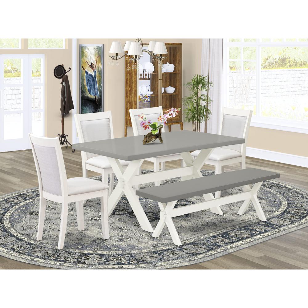 East West Furniture 6-Piece Modern Dining Table Set Includes a Kitchen Table - 4 Cream Linen Fabric Dining Chairs with Stylish Back and a Dining Bench - Wire Brushed Linen White Finish