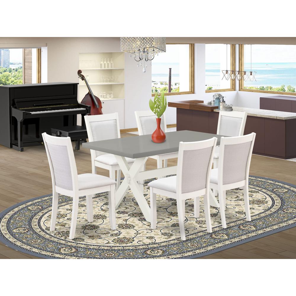 East West Furniture 7-Piece Table Set Includes a Wooden Kitchen Table and 6 Cream Linen Fabric Modern Dining Chairs with Stylish Back - Wire Brushed Linen White Finish