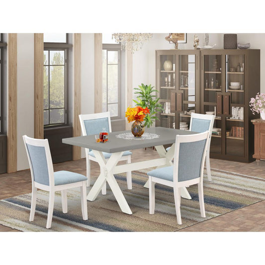 East West Furniture 5-Piece Kitchen Table Set Includes a Wooden Table and 4 Baby Blue Linen Fabric Dining Room Chairs with Stylish Back - Wire Brushed Linen White Finish