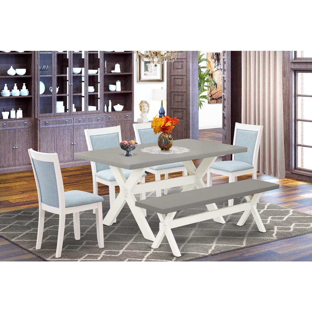 East West Furniture 6-Piece Kitchen Table Set Includes a Dinner Table - 4 Baby Blue Linen Fabric Parson Chairs with Stylish Back and a Dining Bench - Wire Brushed Linen White Finish