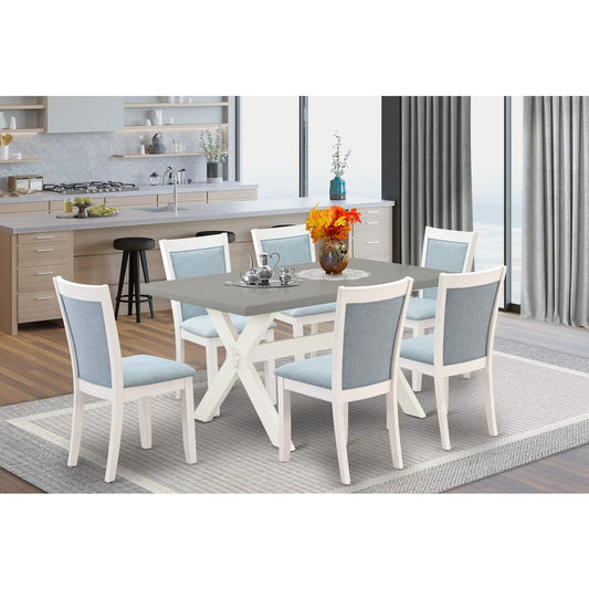 East West Furniture 7-Piece Dining Room Set Includes a Wooden Table and 6 Baby Blue Linen Fabric Upholstered Dining Chairs with Stylish Back - Wire Brushed Linen White Finish