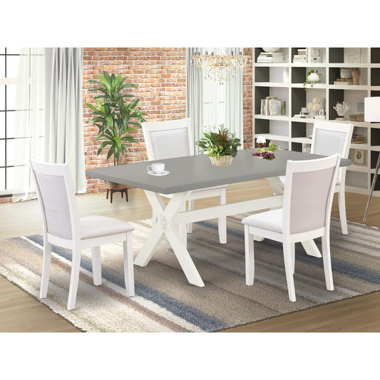 East West Furniture 5-Pc Dining Room Set Consists of a Wooden Table and 4 Cream Linen Fabric Mid Century Dining Chairs with Stylish Back - Wire Brushed Linen White Finish