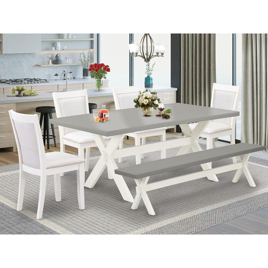 East West Furniture 6-Pc Dining Room Set Consists of a Dinning Table - 4 Cream Linen Fabric Dining Chairs with Stylish Back and a Small Bench - Wire Brushed Linen White Finish