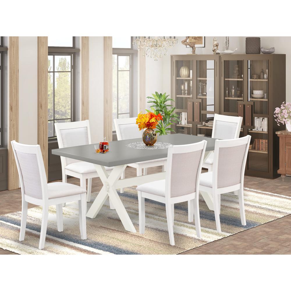 East West Furniture 7-Pc Modern Dining Set Consists of a Dining Room Table and 6 Cream Linen Fabric Upholstered Chairs with Stylish Back - Wire Brushed Linen White Finish