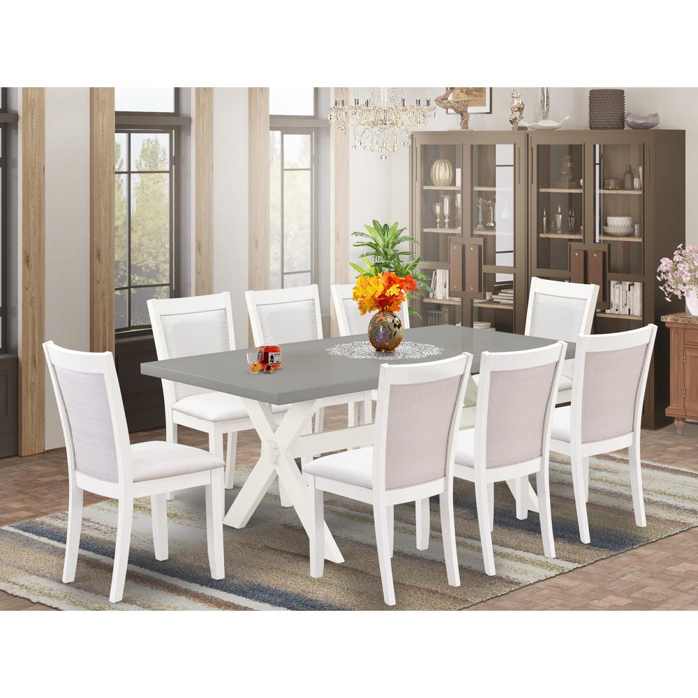 East West Furniture 9-Pc Dinner Table Set Consists of a Dining Room Table and 8 Cream Linen Fabric Dining Room Chairs with Stylish Back - Wire Brushed Linen White Finish