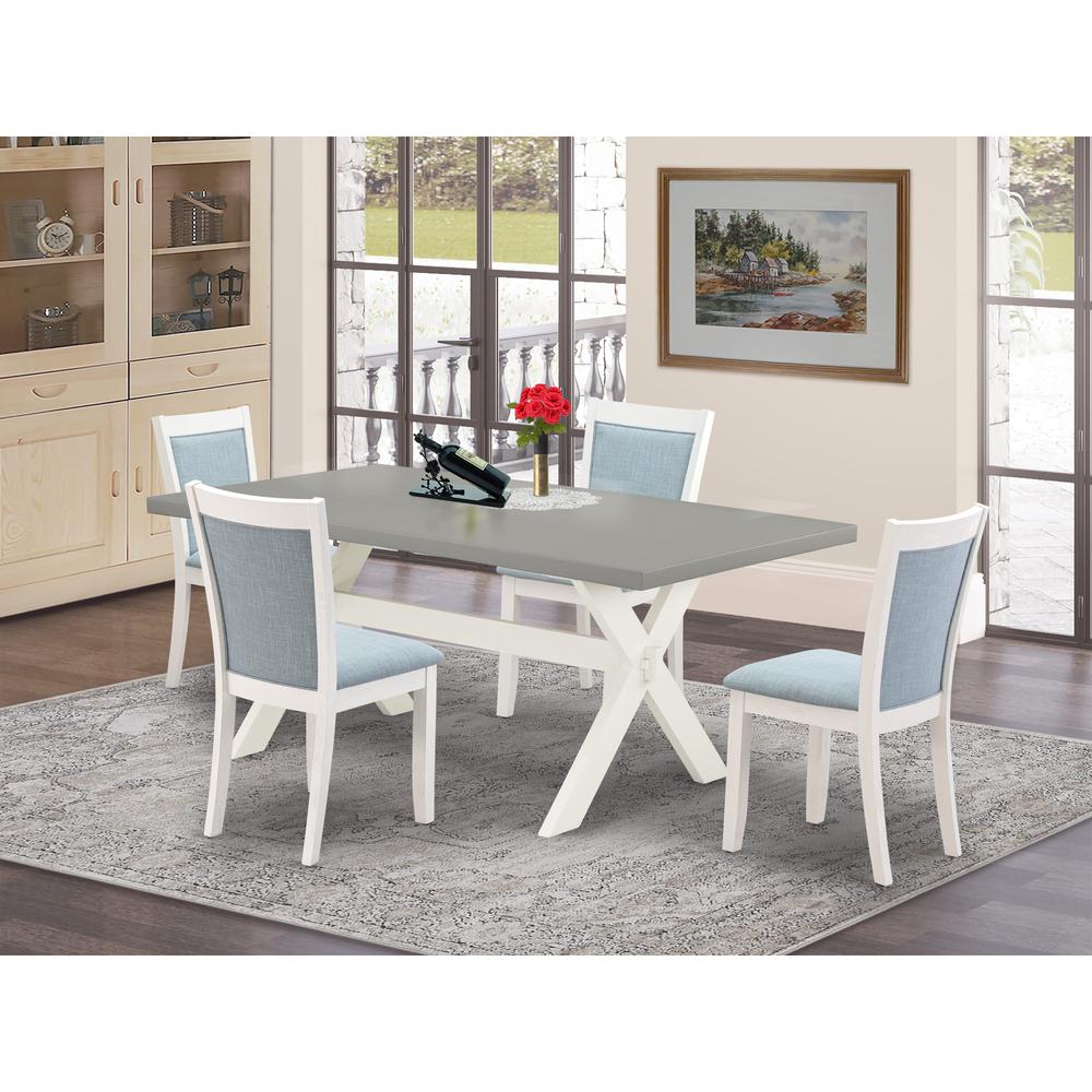 East West Furniture 5-Pc Modern Dining Table Set Consists of a Wooden Kitchen Table and 4 Baby Blue Linen Fabric Parson Dining Chairs with Stylish Back - Wire Brushed Linen White Finish