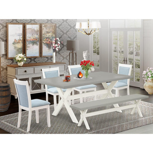 East West Furniture 6-Pc Dining Table set Consists of a Modern Dining Table - 4 Baby Blue Linen Fabric Dinner Chairs with Stylish Back and a Wooden Bench - Wire Brushed Linen White Finish