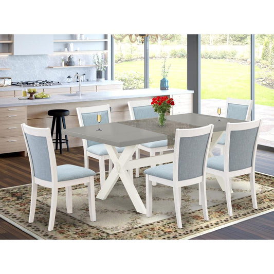 East West Furniture 7-Pc Table Set Consists of a Mid Century Table and 6 Baby Blue Linen Fabric Upholstered Chairs with Stylish Back - Wire Brushed Linen White Finish