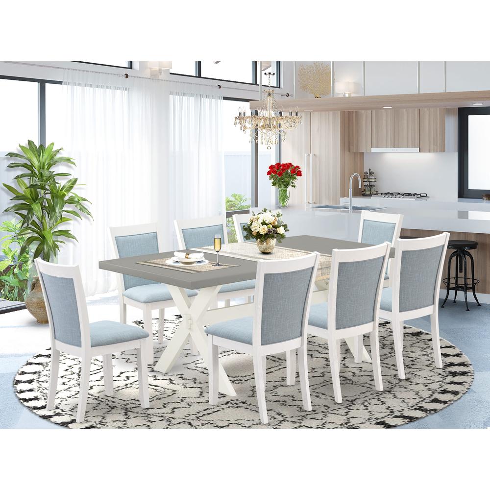 East West Furniture 9-Pc Kitchen Dining Table Set Consists of a Rectangular Dining Table and 8 Baby Blue Linen Fabric Dining Chairs with Stylish Back - Wire Brushed Linen White Finish