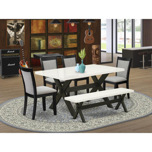 X626MZ606-6 6 Pc Kitchen Table Set - Linen White Table with a Rustic Bench and 4 Shitake Dining Chairs - Wire Brushed Black Finish