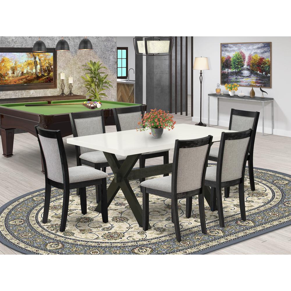 X626MZ606-7 7 Pc Dining Table Set - Linen White Wooden Dining Table with 6 Shitake Dinning Chairs - Wire Brushed Black Finish