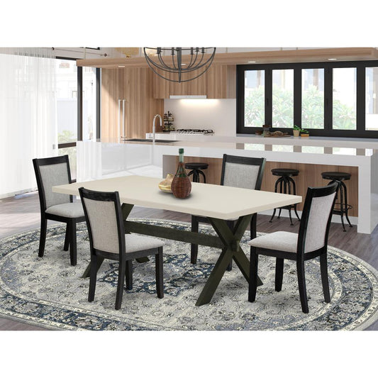 East West Furniture 5 Piece Dining Set - Linen White Top Wood Dining Table with Trestle Base and 4 Shitake Linen Fabric Parson Chairs - Wire Brushed Black Finish