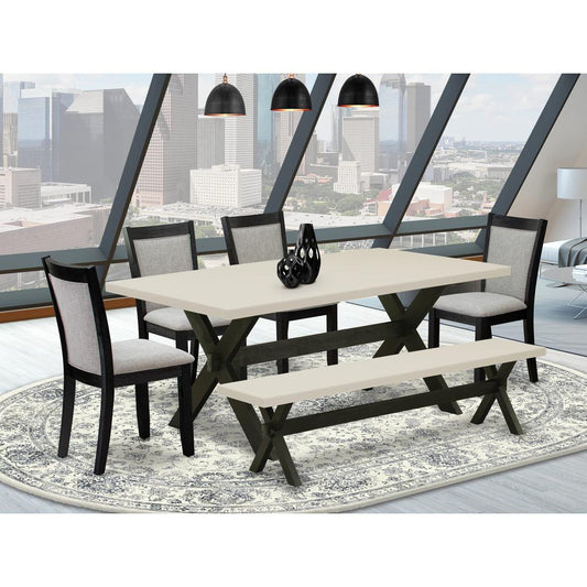 East West Furniture 6 Pc Dinner Table Set - Linen White Top Wooden Table with a Kitchen Bench and 4 Shitake Linen Fabric Upholstered Dining Room Chairs - Wire Brushed Black Finish