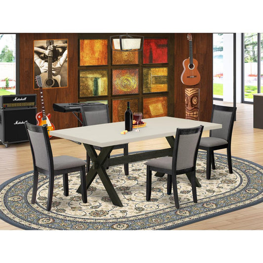 East West Furniture 5 Pc Dinner Table Set - Linen White Top Mid Century Dining Table with Trestle Base and 4 Dark Gotham Grey Linen Fabric Modern Dining Chairs - Wire Brushed Black Finish