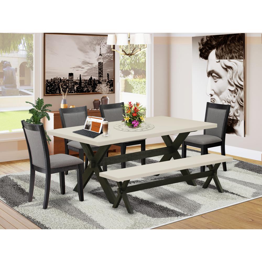 East West Furniture 6 Pc Table Set - Linen White Top Dinner Table with a Wood Bench and 4 Dark Gotham Grey Linen Fabric Upholstered Dining Chairs - Wire Brushed Black Finish