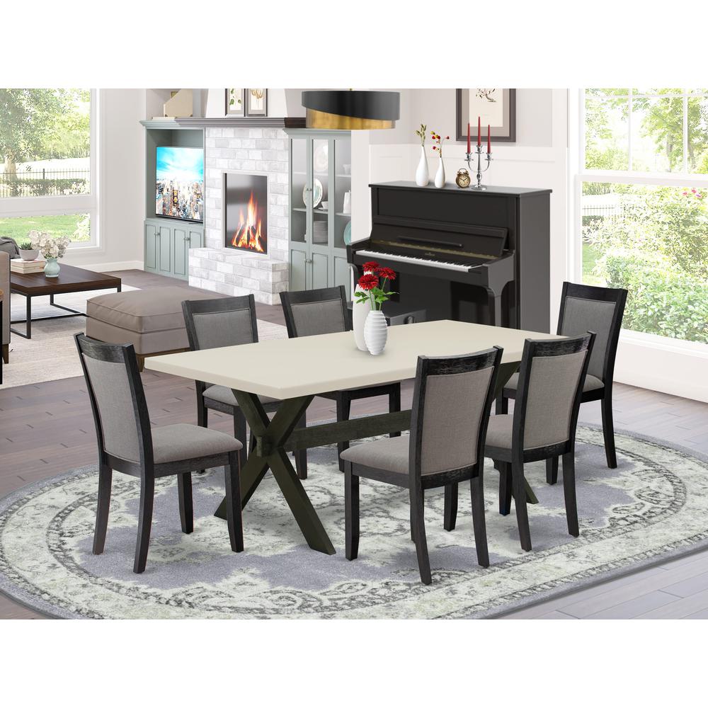 East West Furniture 7 Piece Kitchen Table Set - Linen White Top Mid Century Dining Table with Trestle Base and 6 Dark Gotham Grey Linen Fabric Dining Chairs - Wire Brushed Black Finish