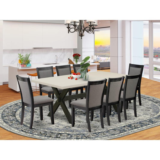 East West Furniture 9 Piece Dinner Table Set - A Linen White Top Dining Room Table with Trestle Base and 8 Dark Gotham Grey Linen Fabric Modern Dining Chairs - Wire Brushed Black Finish