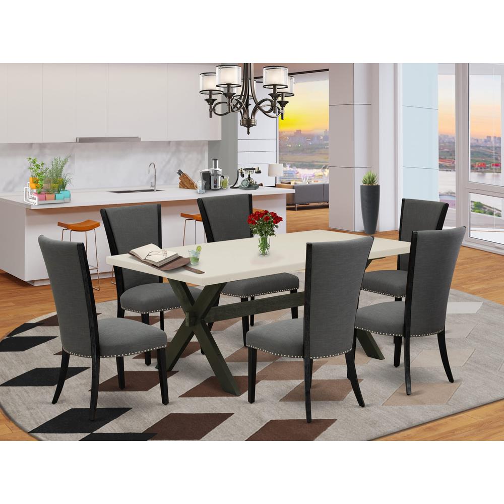 East West Furniture 7 Pc Modern Dining Set Consists of a Linen White Wooden Dining Table and 6 Dark Gotham Grey Linen Fabric Upholstered Chairs with High Back - Wire Brushed Black Finish