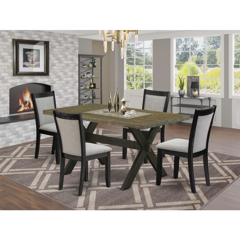 X676MZ606-5 5 Piece Dinette Set - Distressed Jacobean Table with 4 Shitake Linen Fabric Kitchen Chairs - Wire Brushed Black Finish