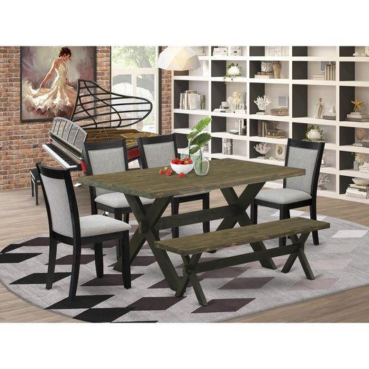 X676MZ606-6 6 Pc Dining Room Table Set - Distressed Jacobean Table with a Bench and 4 Shitake Chairs - Wire Brushed Black Finish